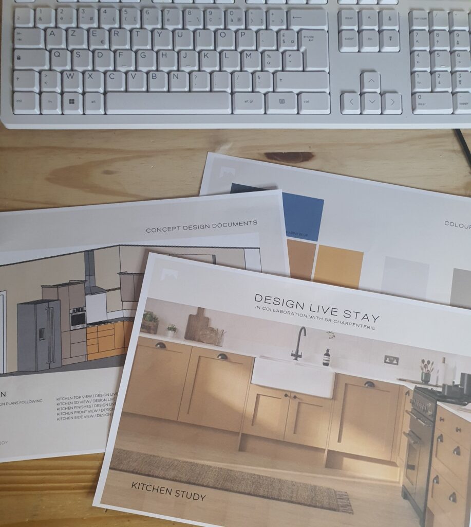 Image shows Kitchen renovation concept from a project in France showing layout and planning stage